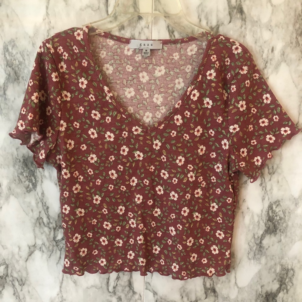 gaze mauve floral lettuce edge crop top